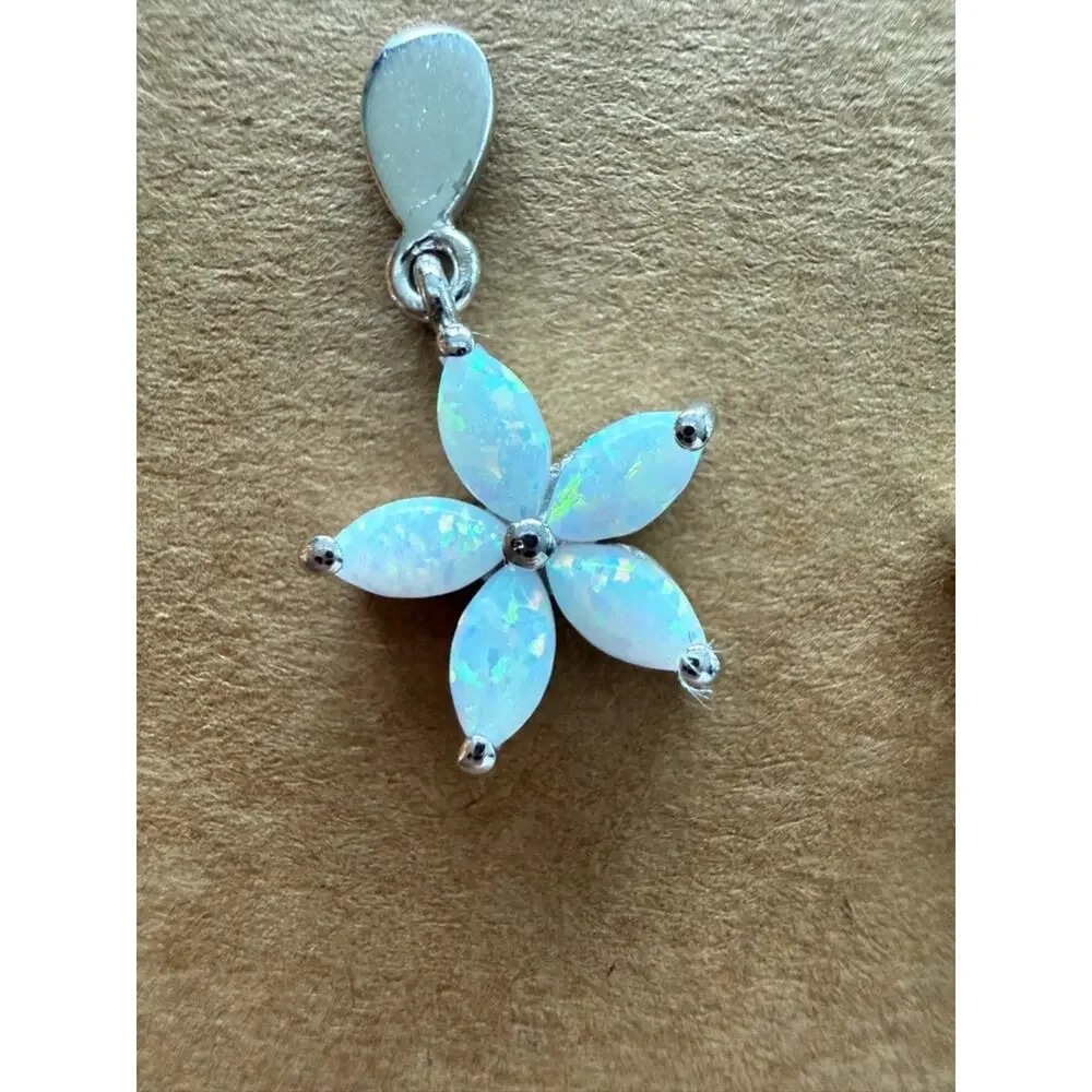 Sterling Silver Lab Opal Flower Dangle Earrings 925 White Opal Floral Gift